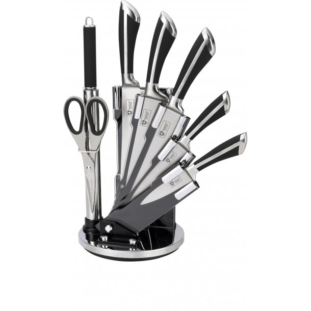Knivst inkl. smart knivblok med 360&#730; rotation i Sort/slv lavet i Schweizisk 18/10 stl. 