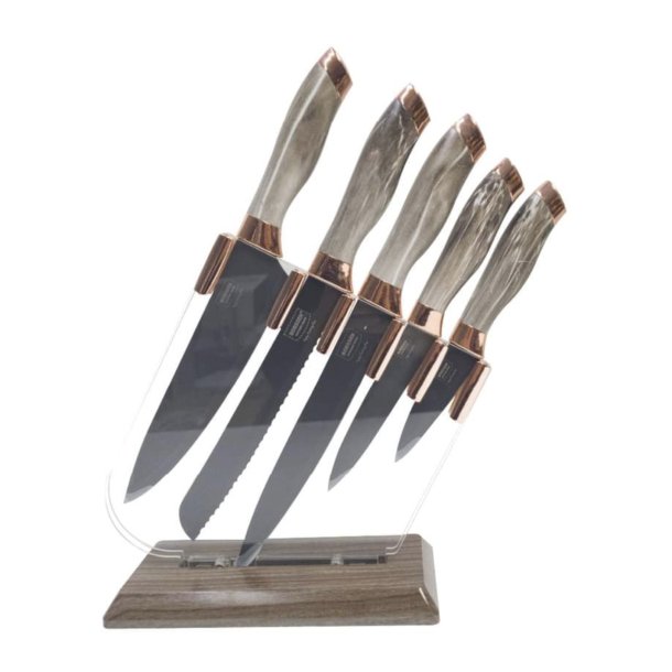 Knivsæt inkl. knivblok til 5 knive. BEIGE/COPPER Schweizisk stål - KØKKENUDSTYR Grossisten